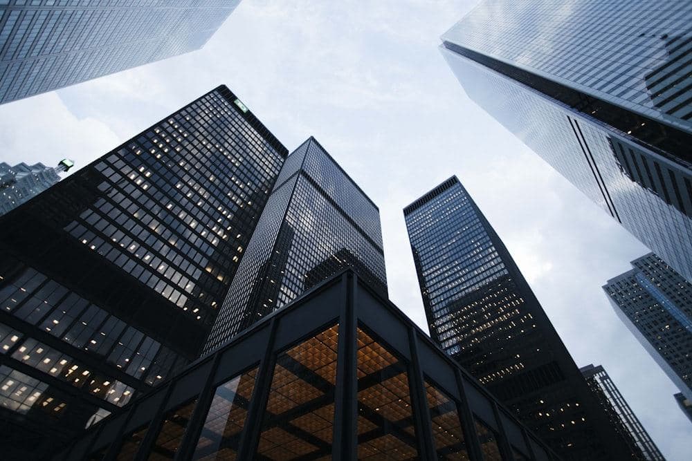 Commercial office towers seen from street level